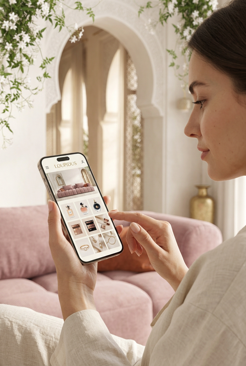 Jeune femme découvrant LOUPIDUS sur son téléphone