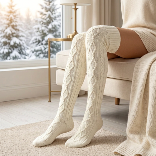 Chaussettes hautes ivoire à torsades dans une ambiance cocooning
