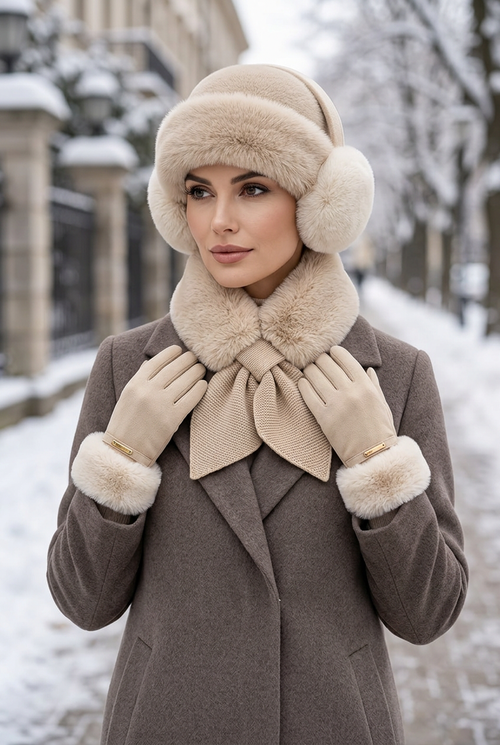 Femme portant l’ensemble d’accessoires d’hiver beiges