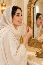 Femme utilisant le siwak devant un miroir oriental doré