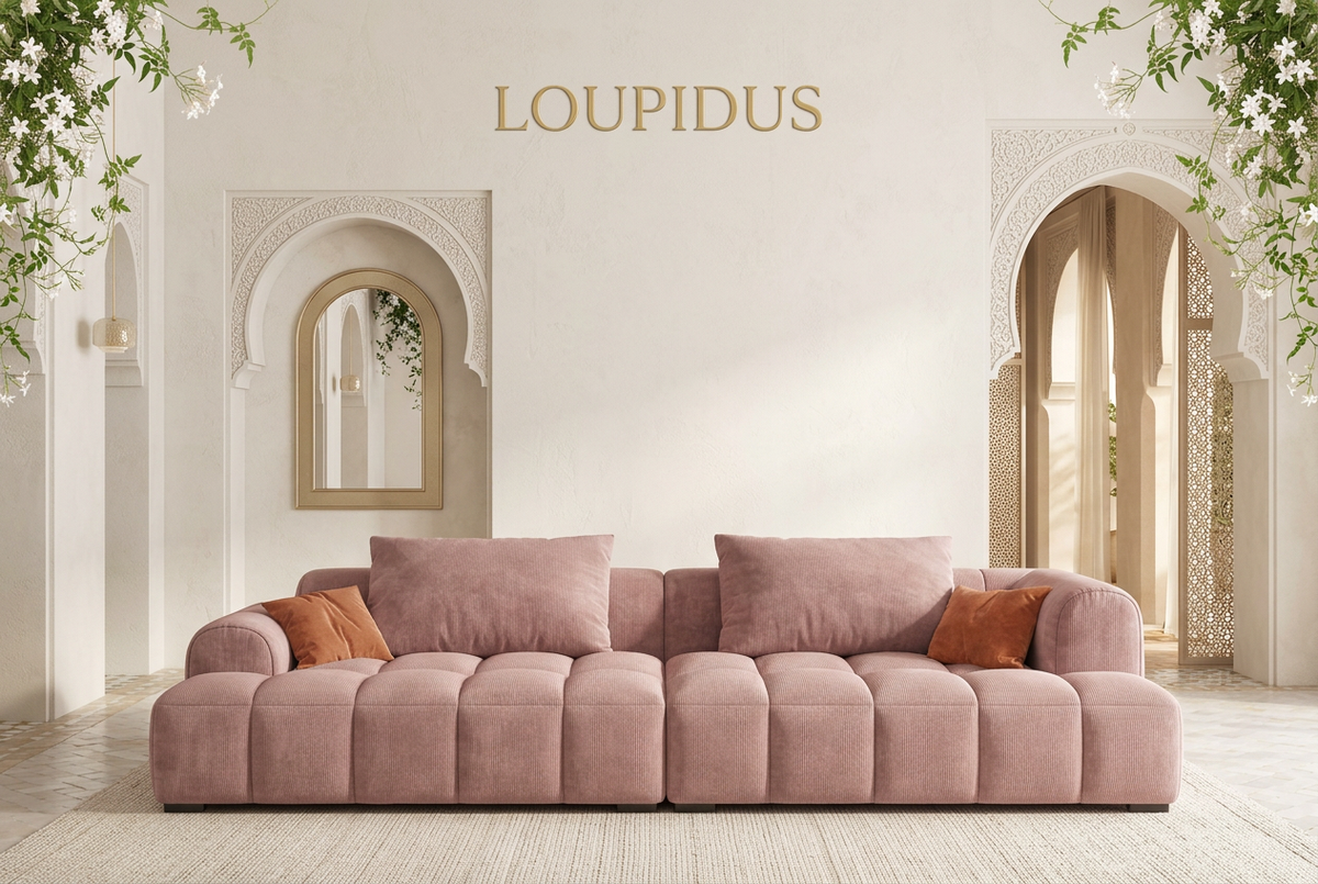 Fond oriental LOUPIDUS avec canapé rose et jasmin