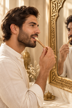 Homme utilisant un siwak épais devant un miroir oriental