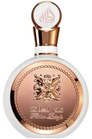 Flacon Fakhar Rose Lattafa arrondi aux reflets or rose