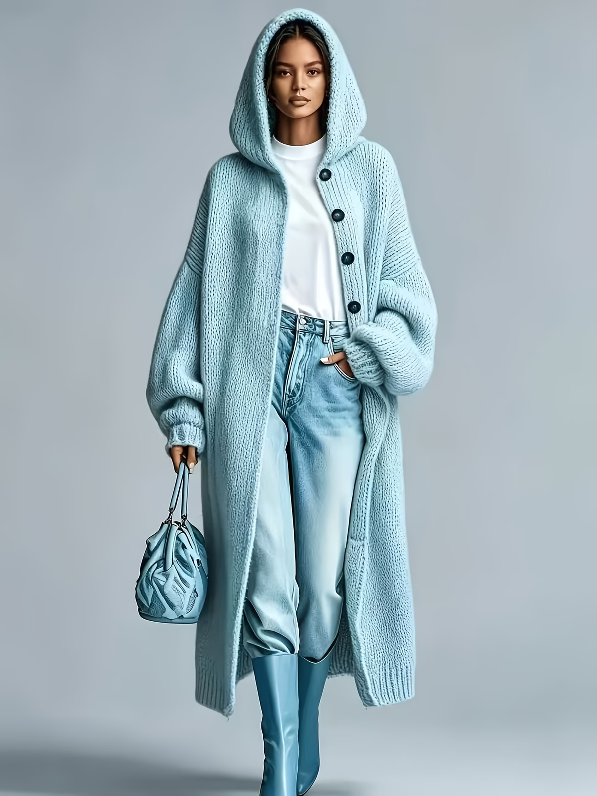 Gilet long bleu glacier à capuche et gros boutons foncés