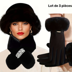 Photo de référence du lot de trois pièces noir : bonnet, tour de cou à broche et gants