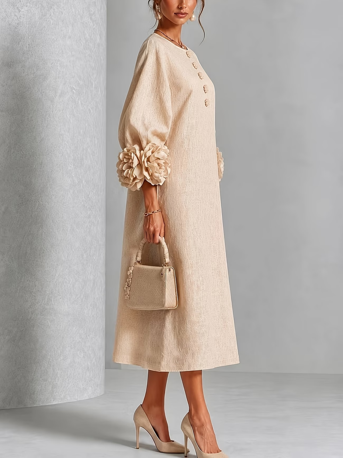 Robe midi ivoire à manches ornées de fleurs, photo de référence