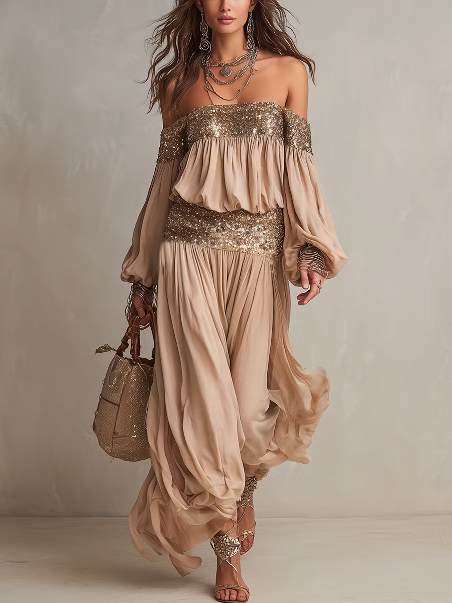 Ensemble femme beige champagne avec épaules dénudées et détails dorés