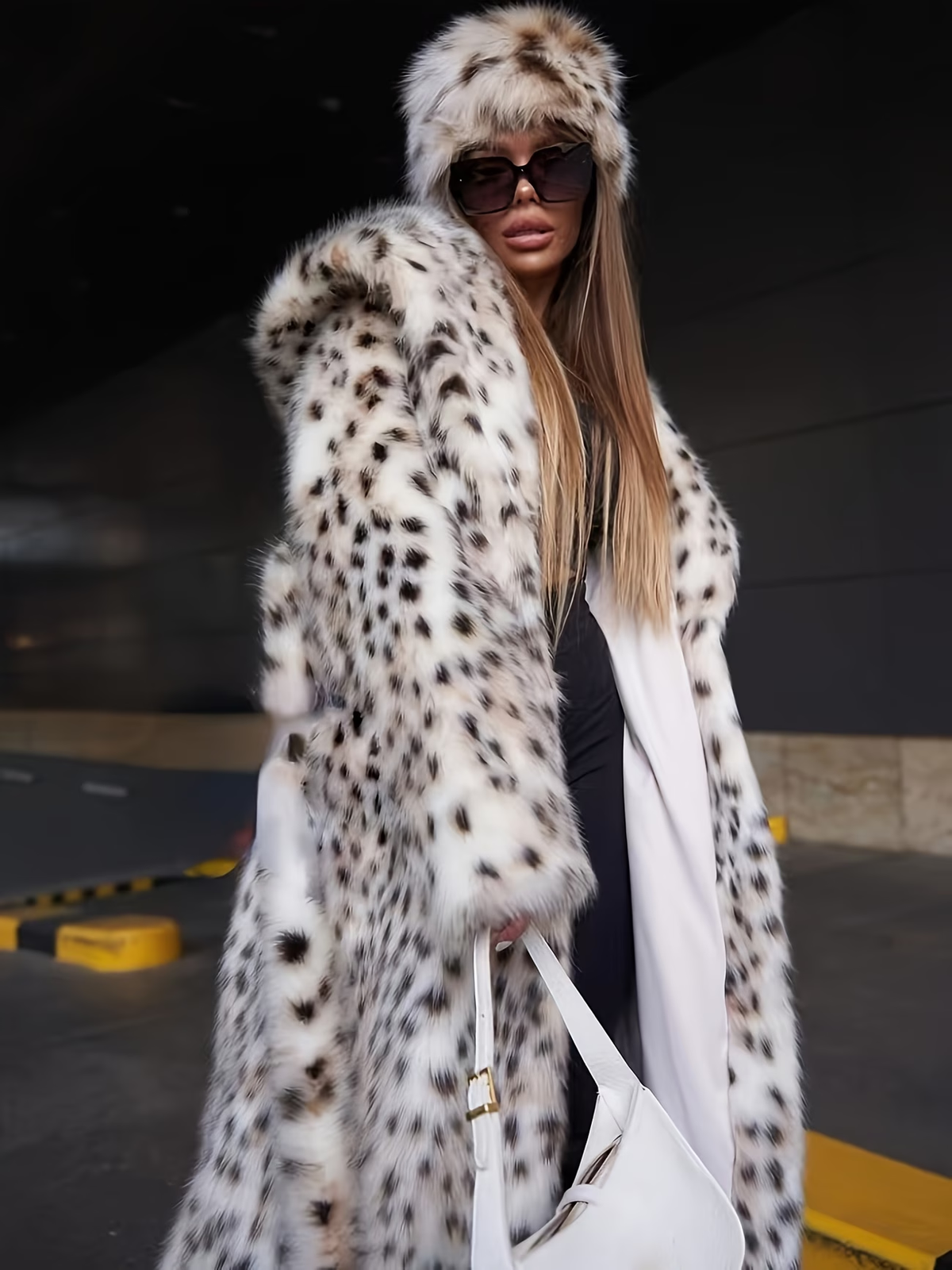 Manteau long ivoire à motif tacheté sombre et grand col