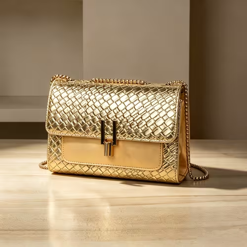 Sac doré rectangulaire avec rabat à relief géométrique et bandoulière chaîne sur un décor beige.
