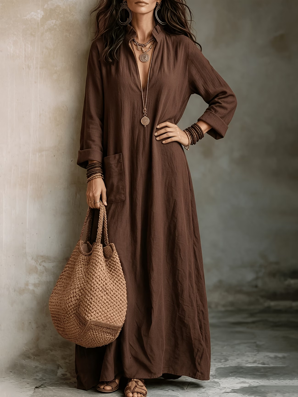 Robe longue chocolat ample avec encolure fendue et poche plaquée