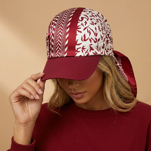 Casquette-foulard bordeaux et ivoire portée, avec motifs végétaux et géométriques