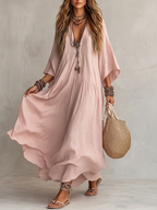 Robe longue rose poudré ample à col en V et manches larges
