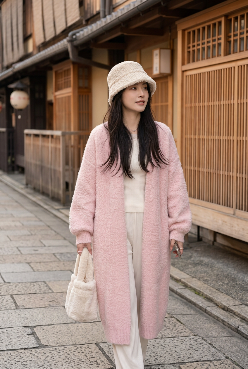 Manteau rose dans une rue de Kyoto