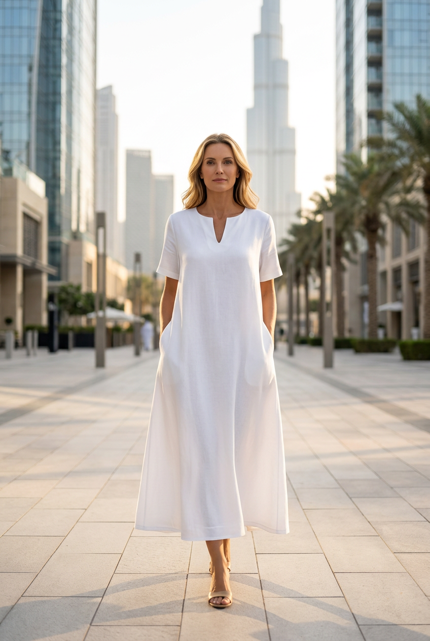 Robe blanche dans le Dubaï moderne