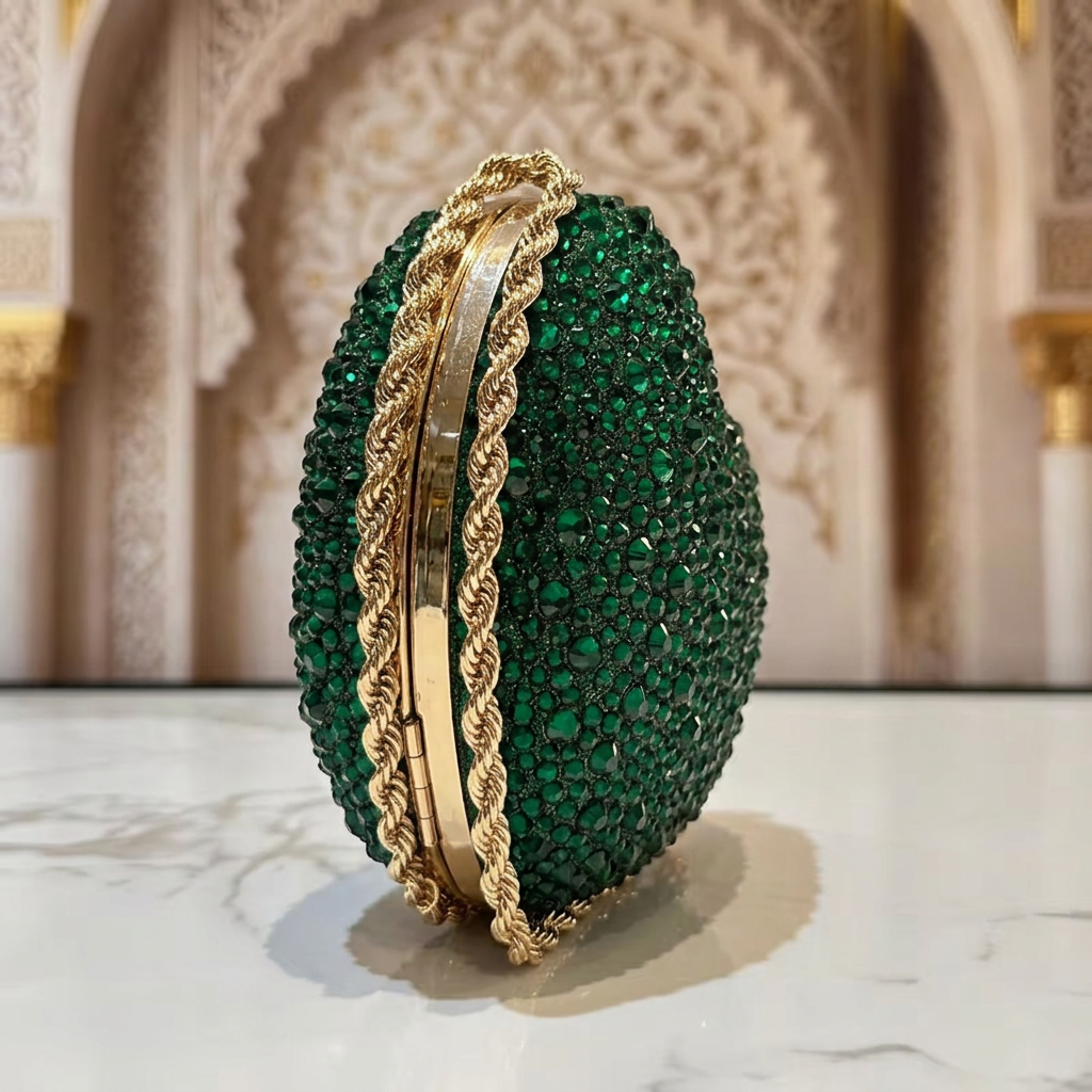 Sac de soirée vert émeraude et doré dans un décor oriental