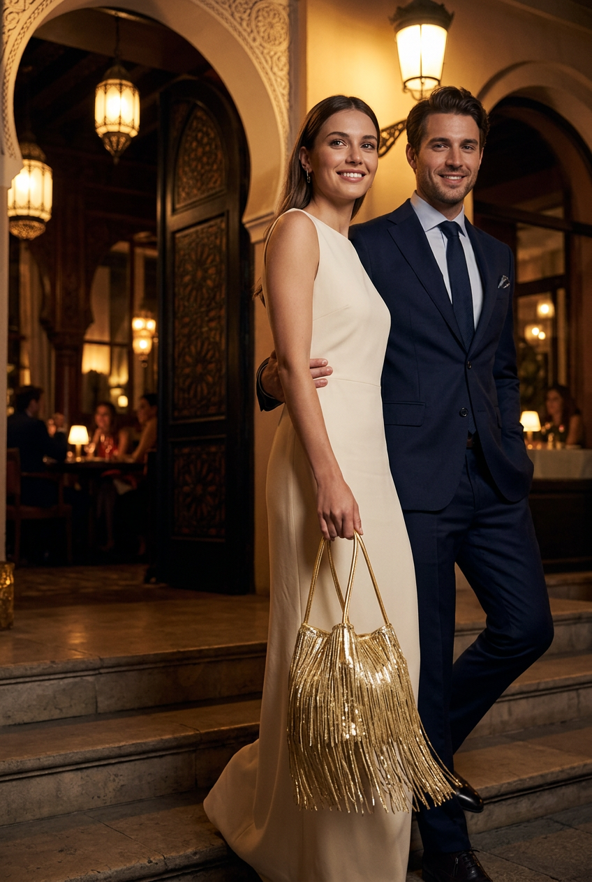 Sac Volant porté par une jeune femme accompagnée de son mari à la sortie d’un restaurant