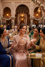 Visuel d’ambiance IA : Fakhar Rose lors d’un mariage oriental entre amies